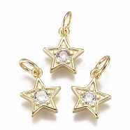 Brass Micro Pave Cubic Zirconia Charms, with Jump Ring, Long-Lasting Plated, Star, Real 18K Gold Plated, Clear, 10x9x2mm, Hole: 3mm(ZIRC-F111-10G-08)
