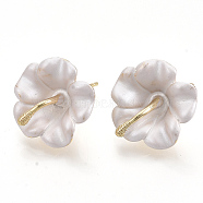 Spray Painted Alloy Stud Earring Findings, with Stainless Steel Pins and Loop, Flower, Golden, Creamy White, 18x18mm, Hole: 1.4mm, Pin: 1mm(PALLOY-N152-10G)