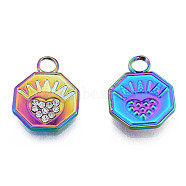 304 Stainless Steel Pendants, with Crystal Rhinestone, Octagon with Heart, Rainbow Color, 16.5x12.5x2mm, Hole: 3mm(STAS-N098-154M)