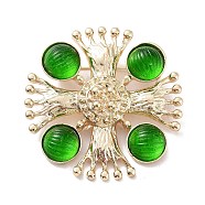 Flat Round with Cross Alloy Acrylic Brooch, Light Gold for Women, Green, 56.5x14x12.5mm(JEWB-C029-16A)