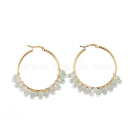 Beaded Hoop Earrings, with Natural Green Aventurine Beads and Golden Plated 304 Stainless Steel Hoop Earrings and Cardboard Packing Box, 48x39mm, Pin: 1x0.7mm(EJEW-JE03953-02)