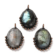 Natural Labradorite Pendants, Oval Charms with Rack Plating Red Copper Tone Handmade Solder Tin, Cadmium Free & Lead Free, 35x23x8.5mm, Hole: 4.5mm(G-G004-05R)