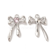 Rack Plating Alloy Charms, with Glass, Nickel Free, Bowknot with Heart Charms, Platinum, Pink, 25x16x3.5mm, Hole: 1.8mm(X-PALLOY-O106-10P-01)