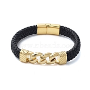 Men's Braided Black PU Leather Cord Bracelets, Twisted Chain 304 Stainless Steel Link Bracelets with Magnetic Clasps, Golden, 8-3/4x5/8 inch(22.2x1.45cm)(BJEW-K243-67G)