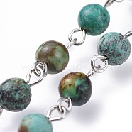 Handmade Natural African Turquoise(Jasper) Beaded Chains, with Iron Eye Pin, Round, Unwelded, Platinum, 39.37 inch(100cm), Link: 13x6~6.5mm, 1m/strand(AJEW-JB00504-04)