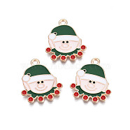 Christmas Alloy Enamel Pendants, Cadmium Free & Lead Free, Light Gold, Santa Claus, Dark Green, 21.5x18.5x1.5mm, Hole: 1.8mm(X-ENAM-Q442-51)