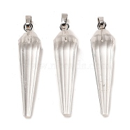 Natural Quartz Crystal Pointed Pendants, Faceted Cone Rock Crystal Charms with Platinum Plated Barss Snap on Bails, 35~35.5x8~8.5mm, Hole: 6.5x4mm(G-D089-01P-07)