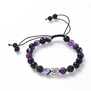 Braided Bead Bracelets, with Antique Silver Plated Alloy Findings, Nylon Thread, Natural Striped Agate and Lava Rock Beads, Buddha, Indigo, 2-1/8 inch(5.5cm)(BJEW-JB04746-04)