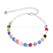 Handmade Millefiori Glass Beads Anklets, with Glass Seed Beads and Zinc Alloy Lobster Claw Clasps, Colorful, 9-1/4 inch(23.5cm)(AJEW-AN00341-03)