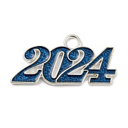 Alloy Enamel Pendants, Lead Free and Cadmium Free, Number 2024 Charm, Silver, Marine Blue, 18.5x36.5x1.5mm, Hole: 4mm(PALLOY-ZX001-12S-04)