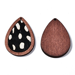 Eco-Friendly Cowhide Leather Pendants, with Dyed Wood, Teardrop with Leopard Print, White, 46x32.5x4mm, Hole: 1.2mm(FIND-S301-33C-11)