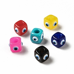 Resin Evil Eye European Beads, Large Hole Bead, Cube, Mixed Color, 12.5x14~14.5x14~14.5mm, Hole: 6mm(RESI-A021-M)