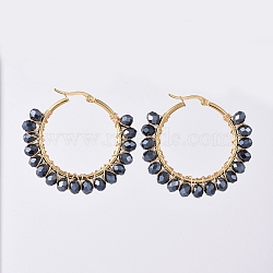 Electroplate Glass Faceted Rondelle Hoop Earrings, with 304 Stainless Steel Earring Hoops, Black, 44x45mm, Pin: 0.7x1mm(EJEW-JE04021-04)