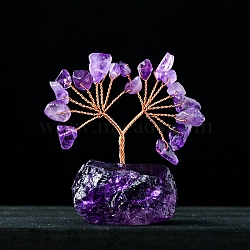 Natural Amethyst Chips Tree of Life Decorations, Gemstone Base with Copper Wire Feng Shui Energy Stone Gift for Home Office Desktop Decoration, 55~70x35~55mm(PW-WG58129-02)