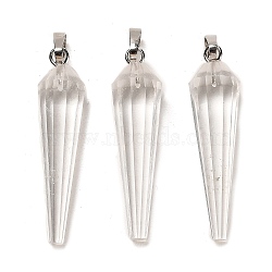 Natural Quartz Crystal Pointed Pendants, Faceted Cone Rock Crystal Charms with Platinum Plated Barss Snap on Bails, 35~35.5x8~8.5mm, Hole: 6.5x4mm(G-D089-01P-07)
