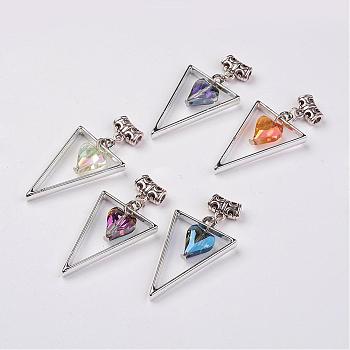 Alloy Pendants, with Glass Heart, Triangle, Mixed Color, 48.5mm, Hole: 3mm, Pendant: 25x39x3.8mm