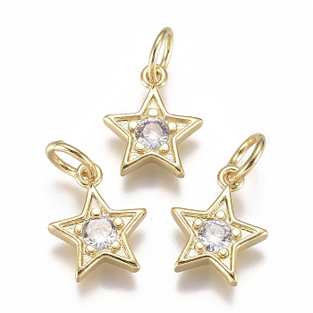 Brass Micro Pave Cubic Zirconia Charms, with Jump Ring, Long-Lasting Plated, Star, Real 18K Gold Plated, Clear, 10x9x2mm, Hole: 3mm