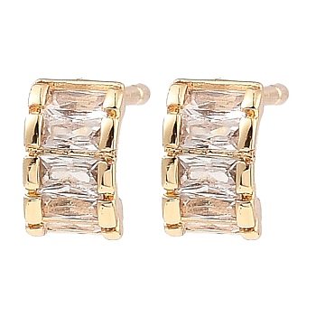 Brass Pave Clear Cubic Zirconia Curved Rectangle Stud Earrings, for Women, Light Gold, 7x4mm