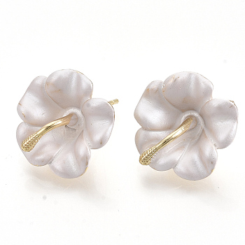 Spray Painted Alloy Stud Earring Findings, with Stainless Steel Pins and Loop, Flower, Golden, Creamy White, 18x18mm, Hole: 1.4mm, Pin: 1mm
