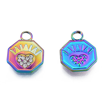 304 Stainless Steel Pendants, with Crystal Rhinestone, Octagon with Heart, Rainbow Color, 16.5x12.5x2mm, Hole: 3mm