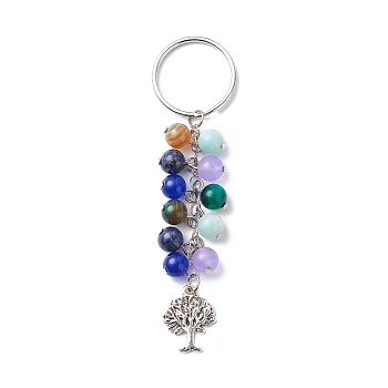 Natural Gemstone Keychain, Tree of Life Alloy Charm Keychain, with 304 Stainless Steel Split Key Rings, 10.2cm