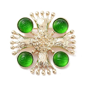 Flat Round with Cross Alloy Acrylic Brooch, Light Gold for Women, Green, 56.5x14x12.5mm