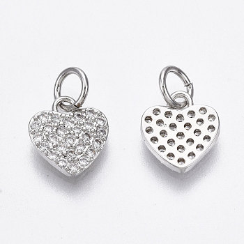 Brass Micro Pave Cubic Zirconia Charms, with Jump Ring, Nickel Free, Heart, Clear, Real Platinum Plated, 10x9x1.5mm, Hole: 3mm