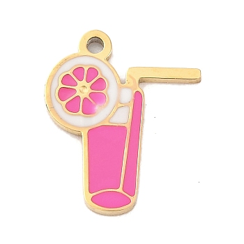 Ion Plating(IP) 304 Stainless Steel Pendants, with Enamel, Real 14K Gold Plated, Drink Charm, Hot Pink, 11.5x9x0.8mm, Hole: 0.8mm