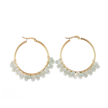 Beaded Hoop Earrings, with Natural Green Aventurine Beads and Golden Plated 304 Stainless Steel Hoop Earrings and Cardboard Packing Box, 48x39mm, Pin: 1x0.7mm