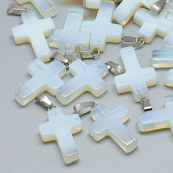 Opalite Pendants, with Stainless Steel Snap On Bails, Cross, 29~30x18~19x5~6mm, Hole: 6x4mm
