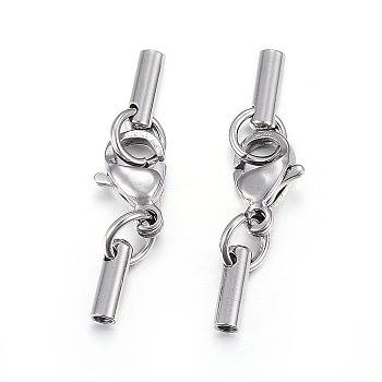 304 Stainless Steel Lobster Claw Clasps, with Cord Ends, Stainless Steel Color, Clasp: 9x6mm, Cord End: 7x2mm, Inner diameter: 1.4mm