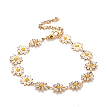 Enamel Daisy Link Chains Bracelet, Vacuum Plating 304 Stainless Steel Jewelry for Women, Golden, White, 7-1/4 inch(18.4cm)