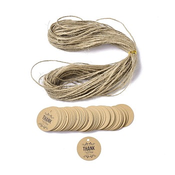 Thank You Theme Kraft Paper Jewelry Display Paper Price Tags, with Hemp Rope Twine, Flat Round, Flower Pattern, 3x0.02cm, Hole: 2.8mm