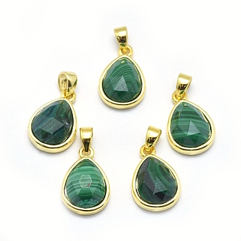 Natural Malachite Pendants, with Golden Tone Brass Findings, teardrop, Faceted, 14.5x9.5x5mm, Hole: 2.5x3.5mm