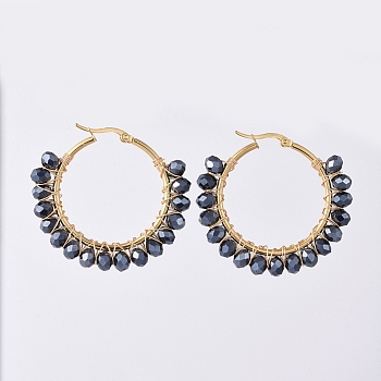 Electroplate Glass Faceted Rondelle Hoop Earrings, with 304 Stainless Steel Earring Hoops, Black, 44x45mm, Pin: 0.7x1mm