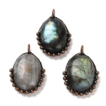 Natural Labradorite Pendants, Oval Charms with Rack Plating Red Copper Tone Handmade Solder Tin, Cadmium Free & Lead Free, 35x23x8.5mm, Hole: 4.5mm