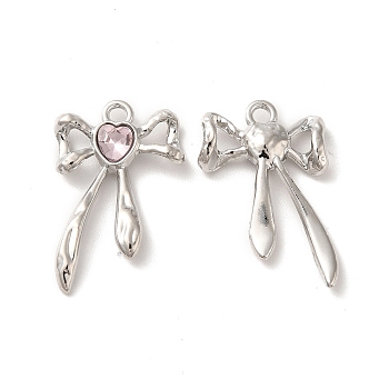 Rack Plating Alloy Charms, with Glass, Nickel Free, Bowknot with Heart Charms, Platinum, Pink, 25x16x3.5mm, Hole: 1.8mm