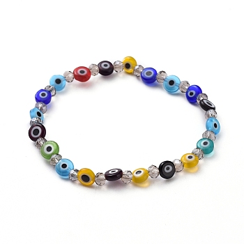 Handmade Evil Eye Lampwork Flat Round Beads Stretch Bracelets, with Faceted Rondelle Glass Beads, Colorful, 2 inch(5cm)