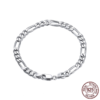 Rhodium Plated 925 Sterling Silver Figaro Chain Bracelets, with S925 Stamp, Platinum, 7-1/2 inch(19cm)
