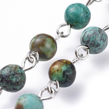 Handmade Natural African Turquoise(Jasper) Beaded Chains, with Iron Eye Pin, Round, Unwelded, Platinum, 39.37 inch(100cm), Link: 13x6~6.5mm, 1m/strand