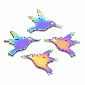 Ion Plating(IP) 201 Stainless Steel Pendants, Etched Metal Embellishments, Hummingbird, Rainbow Color, 24x32x0.3mm, Hole: 2mm