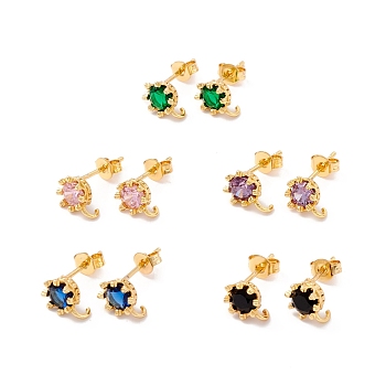 Rack Plating Brass Cubic Zirconia Stud Earrings Findings, Real 18K Gold Plated, with Hook, Cadmium Free & Lead Free, Crown, Mixed Color, 9x7mm, Hole: 1.6mm, Pin: 1mm