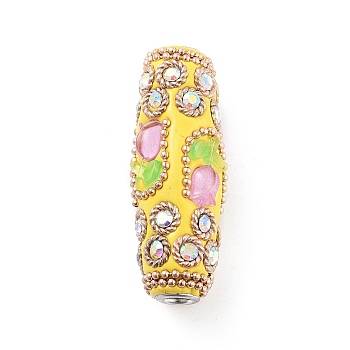 Handmade Indonesia Beads, with Iron, Resin and Glass, Long Oval with Flower, Golden, Gold, 46.5x20mm, Hole: 4.8mm