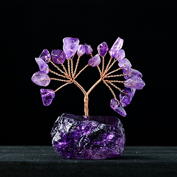 Natural Amethyst Chips Tree of Life Decorations, Gemstone Base with Copper Wire Feng Shui Energy Stone Gift for Home Office Desktop Decoration, 55~70x35~55mm