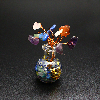 Natural Gemstone Chips Tree Decorations, Vase Base with Copper Wire Feng Shui Energy Stone Gift for Home Office Desktop Decoration, 50x20mm