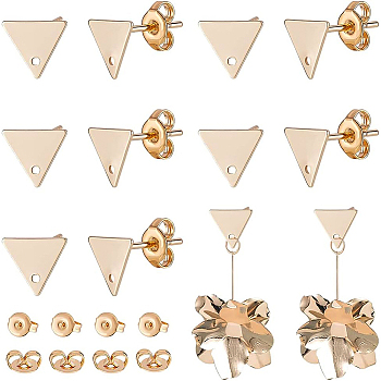 12Pcs Brass Stud Earring Findings, with Hole and 12 Ear Nuts, Triangle, Nickel Free, Golden, 7x8x1mm, Hole: 1mm, Pin: 0.7mm