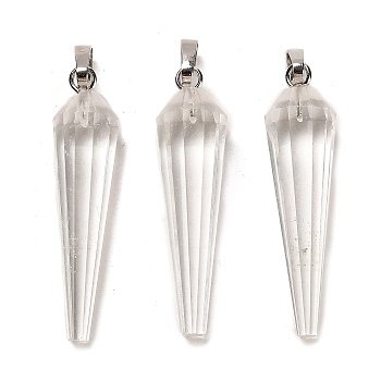 Natural Quartz Crystal Pointed Pendants, Faceted Cone Rock Crystal Charms with Platinum Plated Barss Snap on Bails, 35~35.5x8~8.5mm, Hole: 6.5x4mm