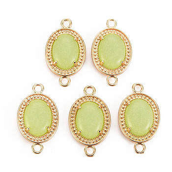 Glass Links Connectors, with Light Gold Tone Brass Findings, Imitation Jade, Oval, Green Yellow, 25x14x4.5mm, Hole: 2mm