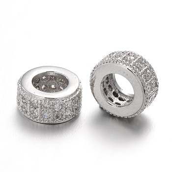 Brass Micro Pave Cubic Zirconia Beads, Large Hole Rondelle Beads, Lead Free & Nickel Free, Clear, Platinum, 8.5x4mm, Hole: 4.5mm