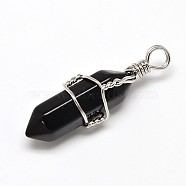 Faceted Bullet Natural Black Agate Double Terminated Pointed Pendants, with Platinum Plated Brass Findings, 39~44x10~12mm, Hole: 3.5mm(G-J260-B02)